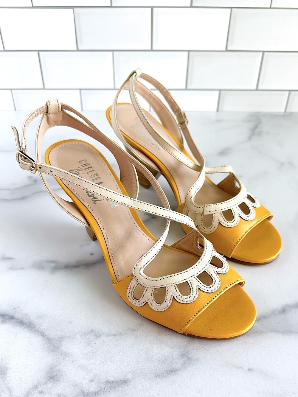 Chelsea Crew Mustard Yellow and Cream Scalloped Slingback Heels